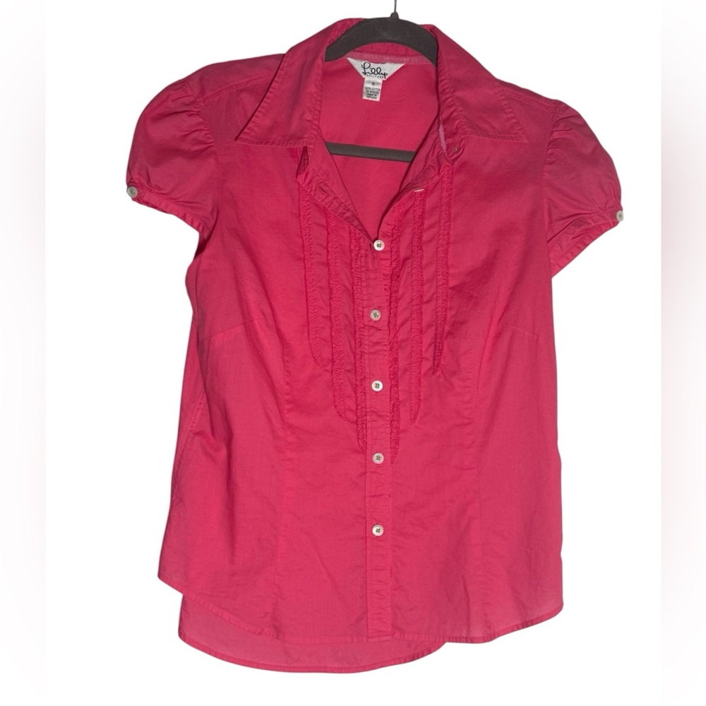 Lilly Pulitzer Womens Pink Button Down Top Ruffle Short Sleeve Blouse Size 8